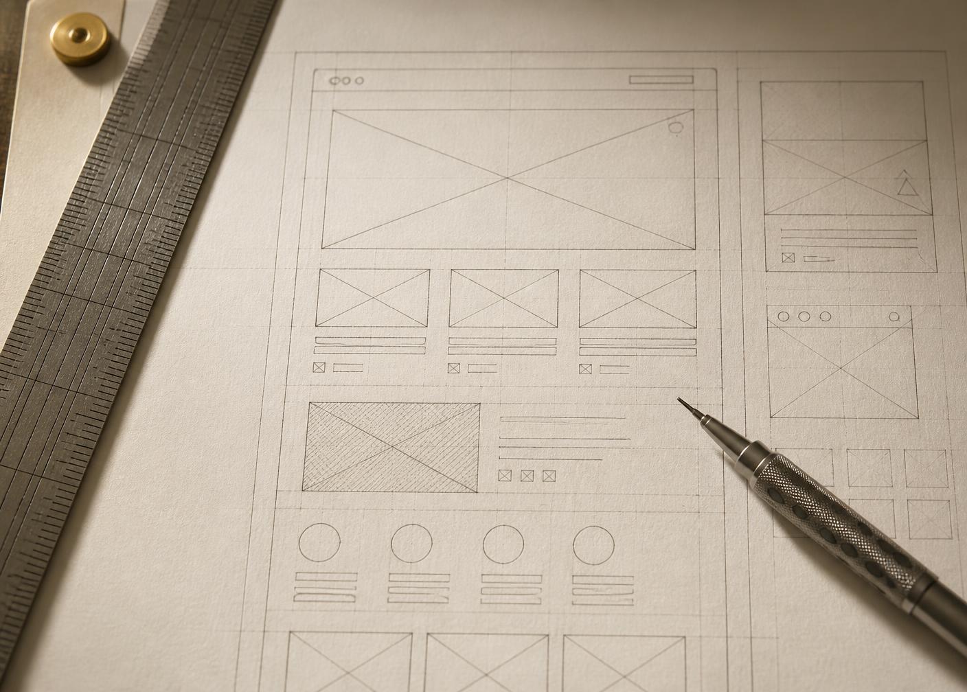 Handgezeichnetes Website-Raster mit Lineal und Druckbleistift