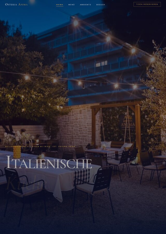 Screenshot der Website von Osteria Anima in Baden bei Wien